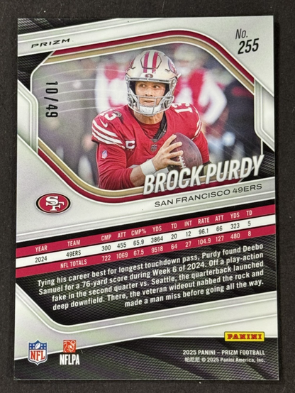 2025 Panini Prizm #255 Brock Purdy Purple Power Prizm /49 San Francisco 49ers