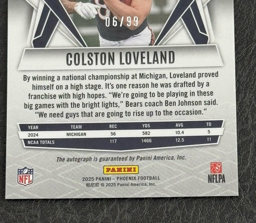 2025 Panini Phoenix Colston Loveland Rookie Bronze PANDORA Mint Auto /99 Bears