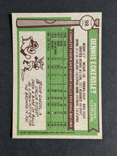 1976 TOPPS #98 DENNIS ECKERSLEY  ROOKIE DEAD CENTERED WOW Near Mint Nm HOF