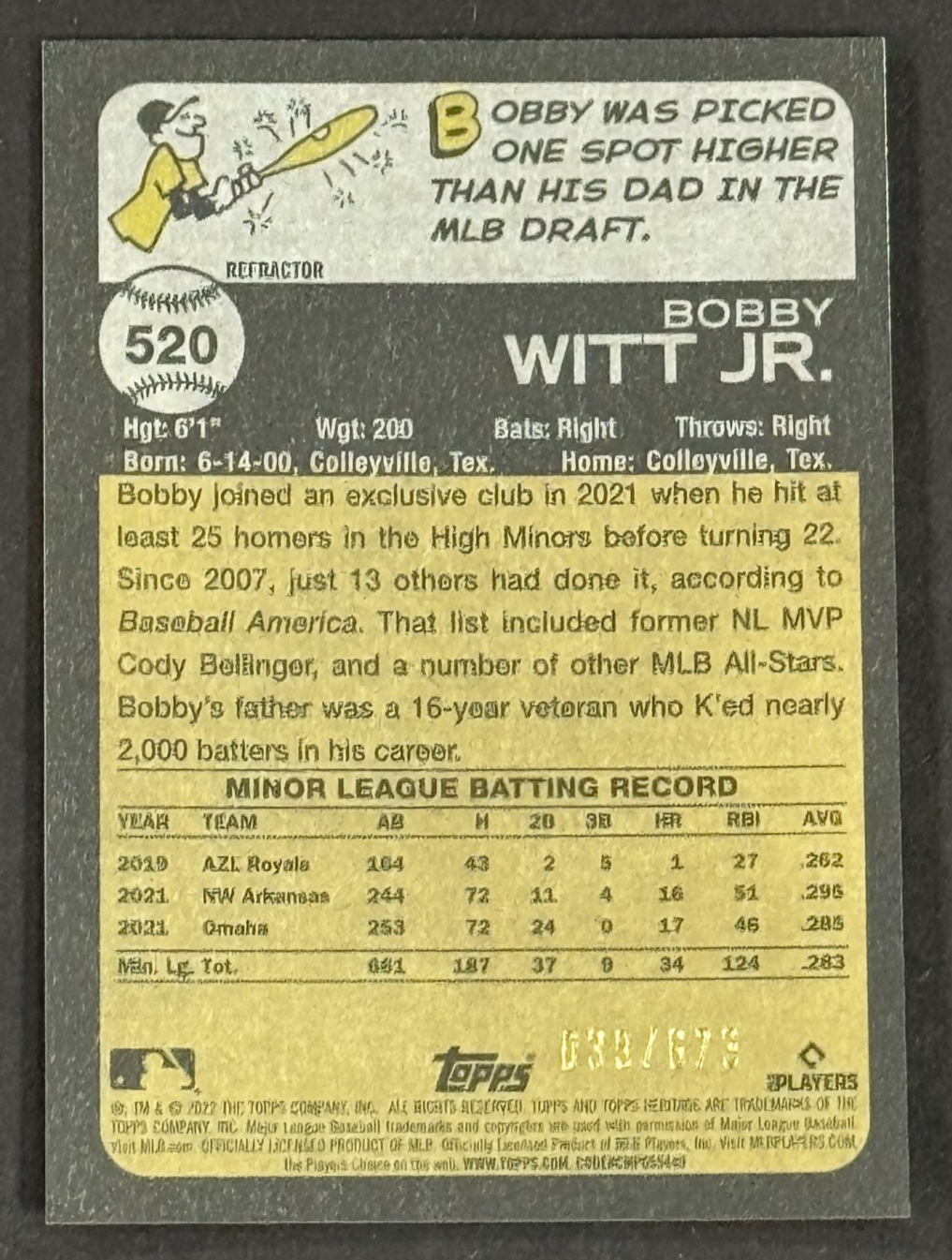 2022 Topps Heritage Bobby Witt Jr Chrome Refractor Rookie /673 KC Royals Mint RC