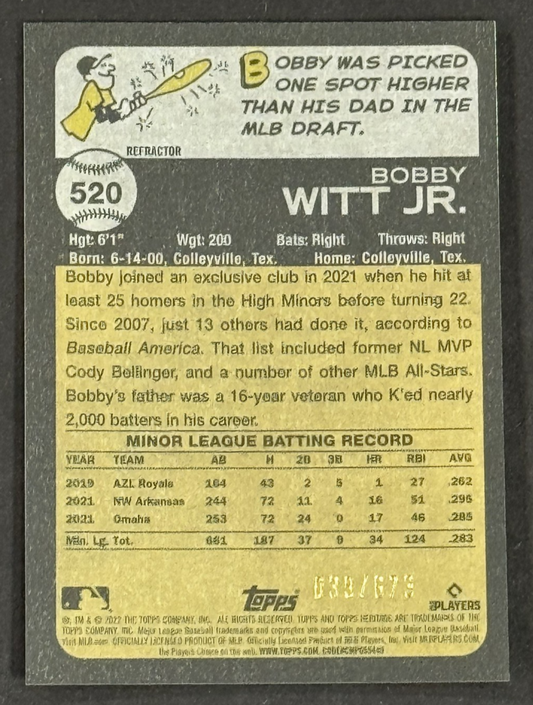 2022 Topps Heritage Bobby Witt Jr Chrome Refractor Rookie /673 KC Royals Mint RC