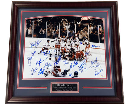 1980 USA Hockey Miracle On Ice Team Signed 16x20 Framed Photo All 20 Auto PSA