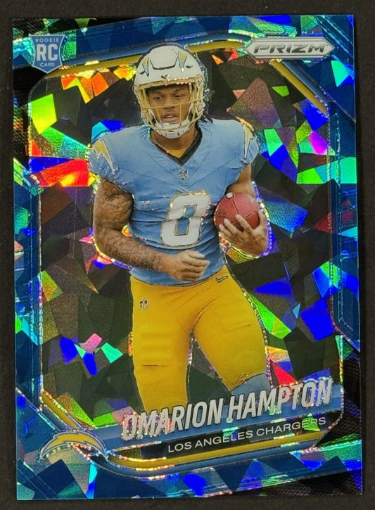 2025 Panini Prizm Omarion Hampton Blue Cracked Ice /99  Chargers RC Mint