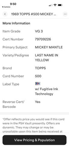 1969 Topps Set-Break #500 Mickey Mantle Last Name In Yellow PSA 3 VG Centered