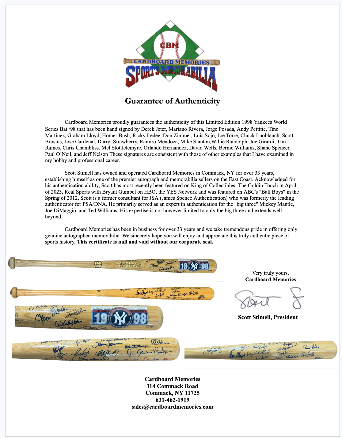 1998 Yankees Team Signed Bat /28 Auto Derek Jeter Rivera Torre Posada Goldin COA