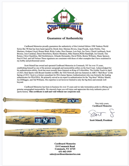 1998 Yankees Team Signed Bat /28 Auto Derek Jeter Rivera Torre Posada Goldin COA