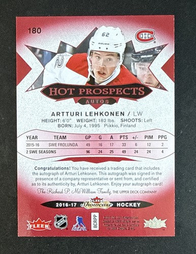 2016 Fleer Showcase Hot Prospects Artturi Lehkonen #180 Red Glow /49 Mint Auto