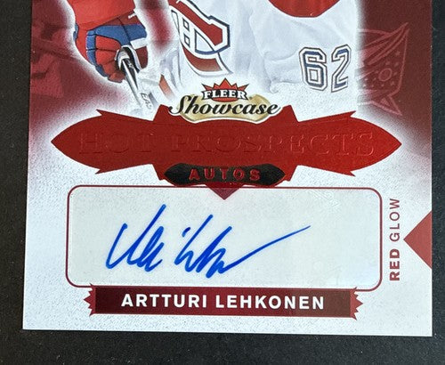 2016 Fleer Showcase Hot Prospects Artturi Lehkonen #180 Red Glow /49 Mint Auto