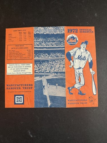1972 New York Mets 8x3 Official Schedule Vintage Manufacturers Hanover Trust