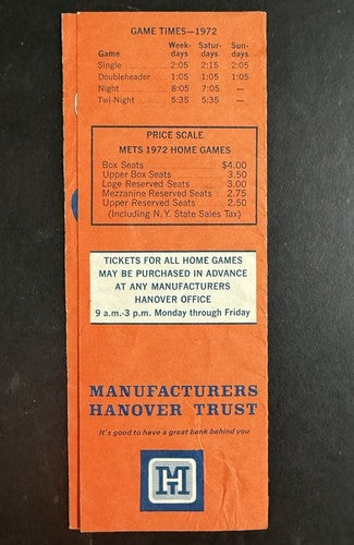 1972 New York Mets 8x3 Official Schedule Vintage Manufacturers Hanover Trust