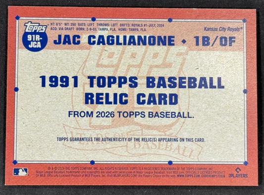 Topps 2026 Series 1 Jac Caglianone Rookie Patch /150 #91R-JCA KC Royals RC Mint