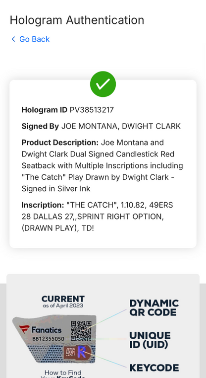 Joe Montana Dwight Clark Signed Seatback "The Catch" insc Auto Fanatics SF 49ers