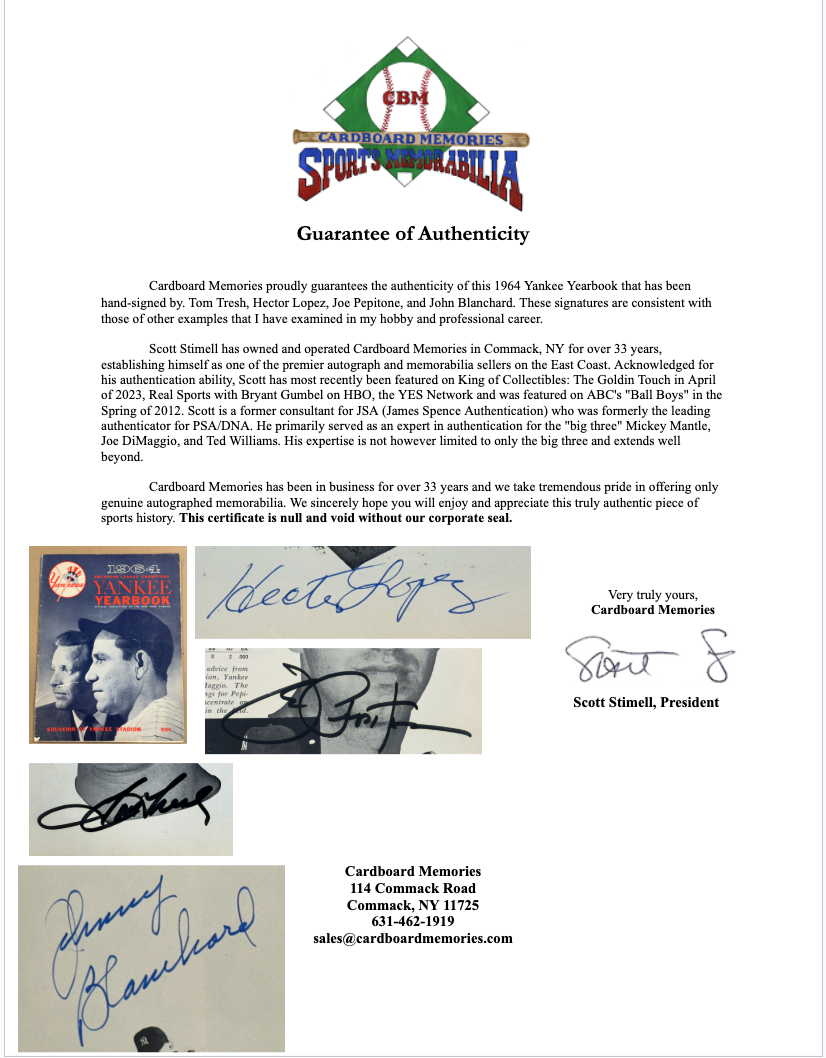 1964 NY Yankee Yearbook 4 Auto Blanchard Pepitone Lopez Tresh Auto CBM COA