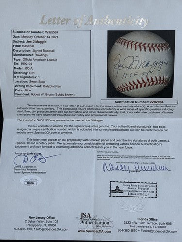 Joe DiMaggio Signed Official American League Baseball HOF 55 Auto JSA Loa & Psa