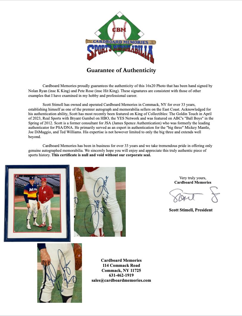 Pete Rose Nolan Ryan Signed 16x20 Framed Photo Hit & K Kings Ins Auto Ryan Coa