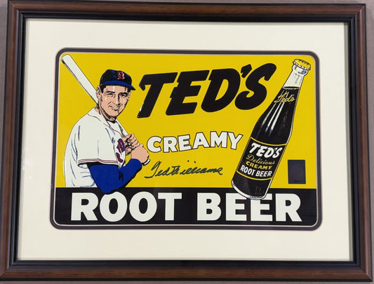 Ted Williams Signed Vintage Ted’s Creamy Root Beer Metal Tin Sign Red Sox GD COA