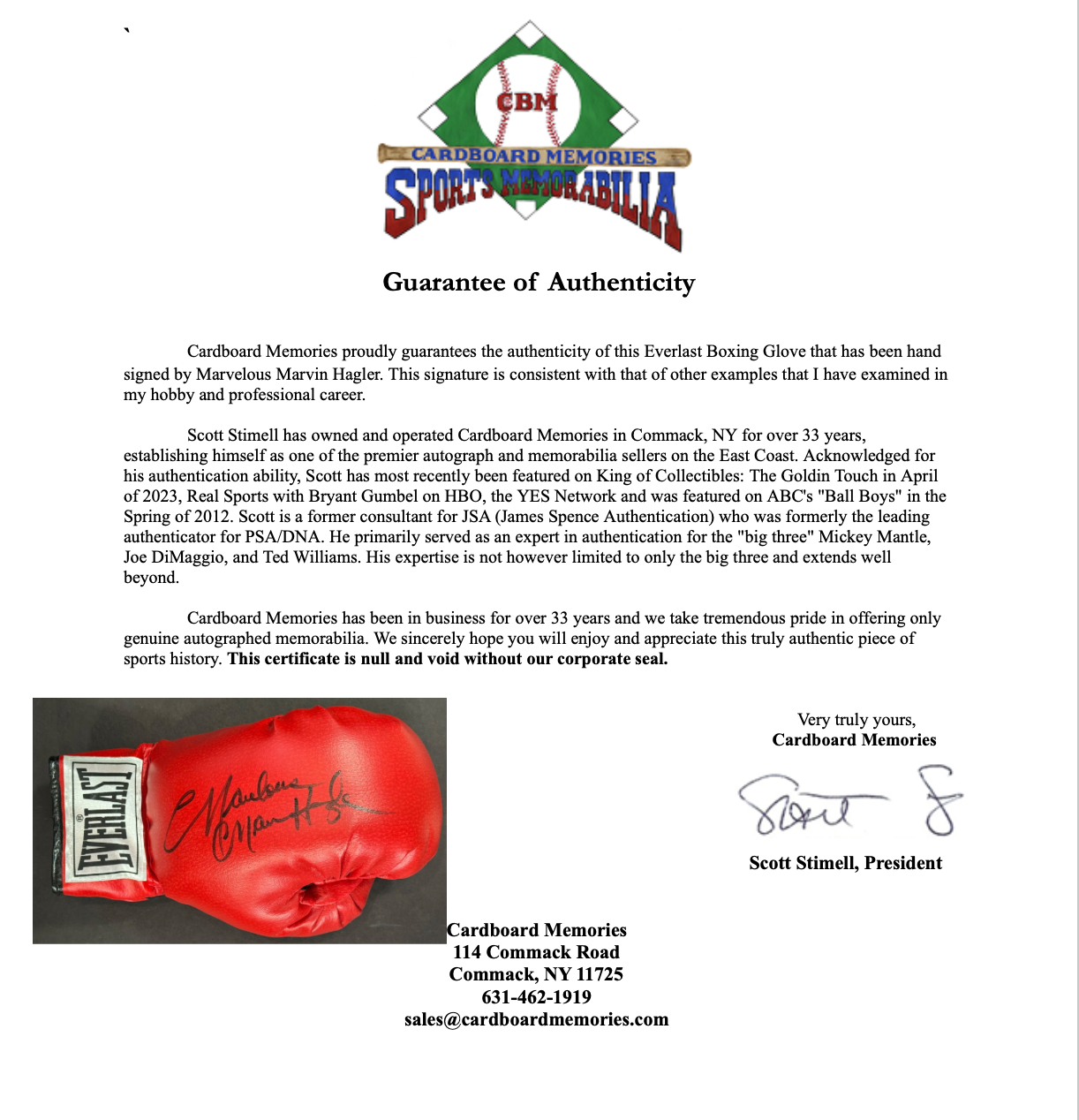 Marvelous Marvin Hagler Signed Everlast Red Left Boxing Glove HOF Auto CBM COA