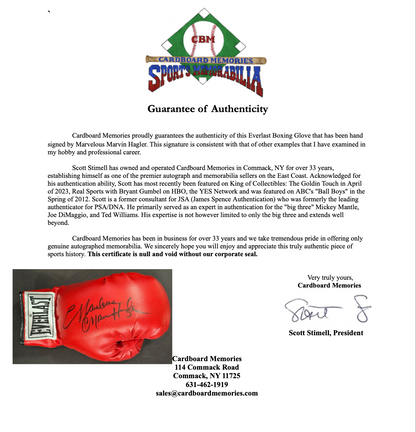 Marvelous Marvin Hagler Signed Everlast Red Left Boxing Glove HOF Auto CBM COA