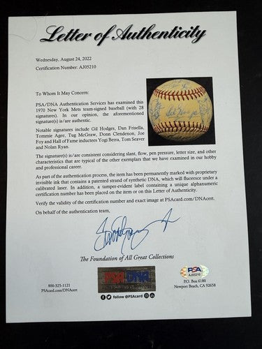 1970 Ny Mets Team Signed Baseball Nolan Ryan Tom Seaver Gil Hodges Berra PSA COA