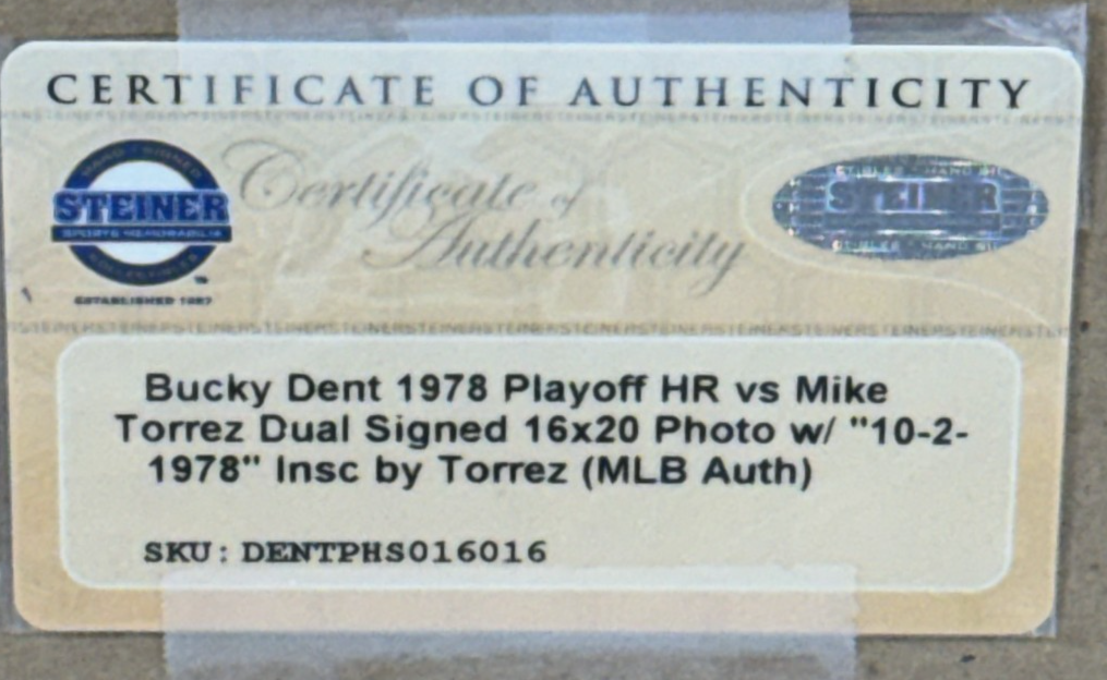 Bucky Dent Mike Torrez Signed 16x20 Framed HR Photo 10/2/78 ins Auto Steiner MLB