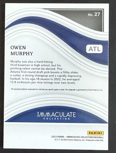 Owen Murphy 1/1 2023 Immaculate Prospect Rookie Auto Nike Swoosh Patch Braves Rc