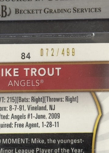 2011 Mike Trout Topps Finest Refractor Rookie /499 BGS 9 /10 Auto Mint Rc