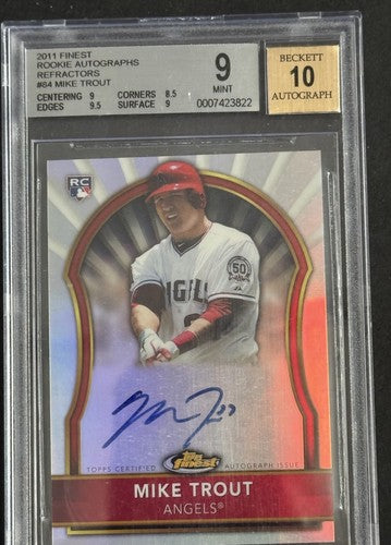 2011 Mike Trout Topps Finest Refractor Rookie /499 BGS 9 /10 Auto Mint Rc