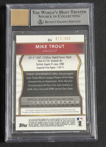 2011 Mike Trout Topps Finest Refractor Rookie /499 BGS 9 /10 Auto Mint Rc