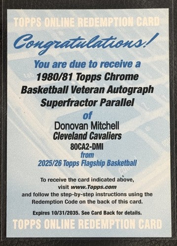2025 /26 Topps Donovan Mitchell 1980 /81 Chrome Veteran Superfractor 1/1 Mt Auto