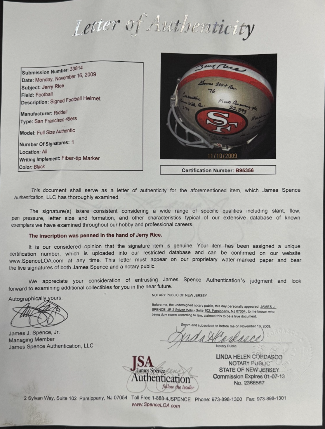 Jerry Rice Signed Authentic Used Ridell 49ers Helmet 14 Ins Auto /80 JSA LOA HOF