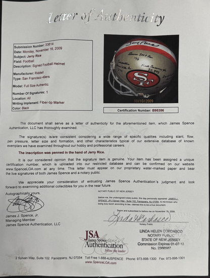 Jerry Rice Signed Authentic Used Ridell 49ers Helmet 14 Ins Auto /80 JSA LOA HOF