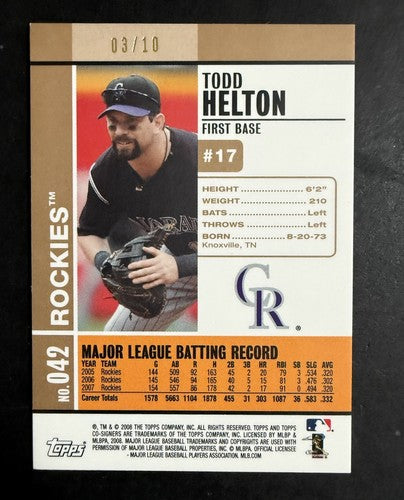 Todd Helton Garrett Atkins 2008 Topps Co-Signers #42 Gold 3/10 Mint Rockies