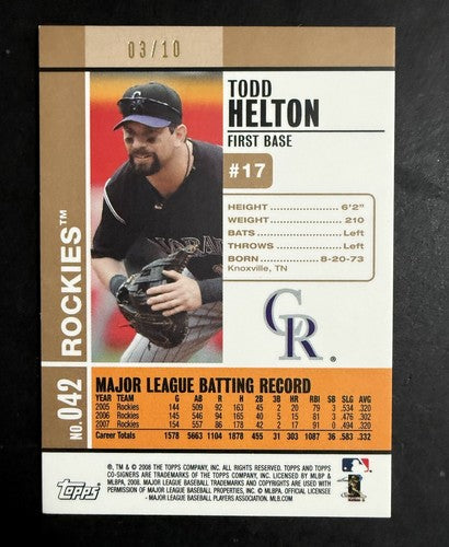 Todd Helton Garrett Atkins 2008 Topps Co-Signers #42 Gold 3/10 Mint Rockies