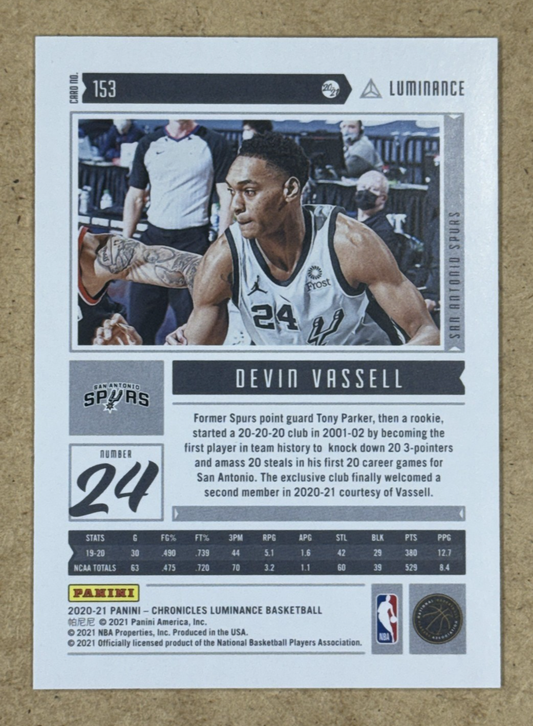 2020-21 Panini Chronicles Luminance Devin Vassell Gold 7/10 #153 RC Spurs Mint