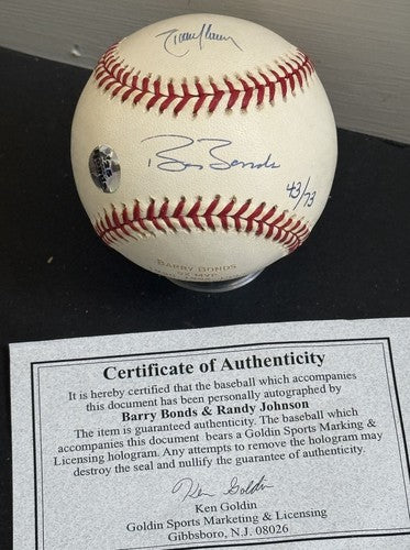 Barry Bonds & Randy Johnson Signed MLB Baseball 5x Cy MVP Stat Auto Goldin Coa
