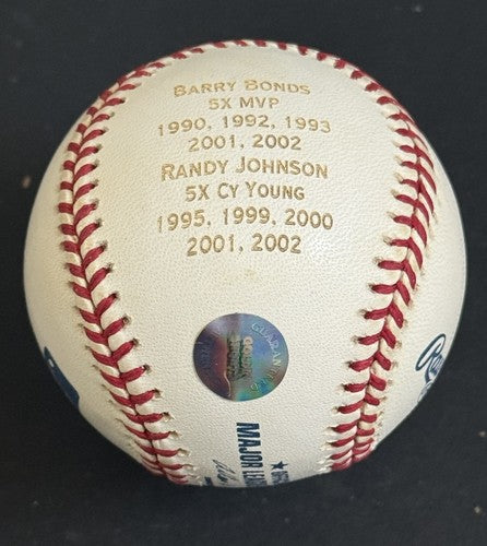 Barry Bonds & Randy Johnson Signed MLB Baseball 5x Cy MVP Stat Auto Goldin Coa