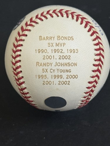 Barry Bonds & Randy Johnson Signed MLB Baseball 5x Cy MVP Stat Auto Goldin Coa