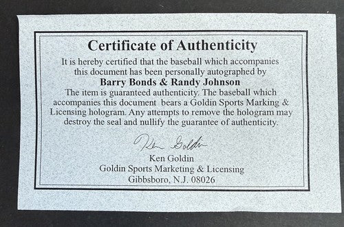 Barry Bonds & Randy Johnson Signed MLB Baseball 5x Cy MVP Stat Auto Goldin Coa