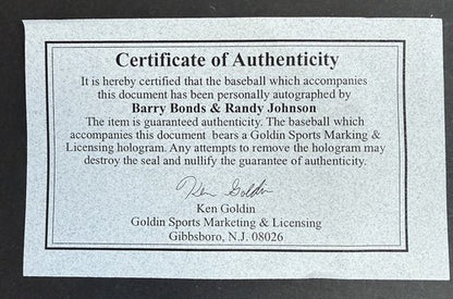 Barry Bonds & Randy Johnson Signed MLB Baseball 5x Cy MVP Stat Auto Goldin Coa
