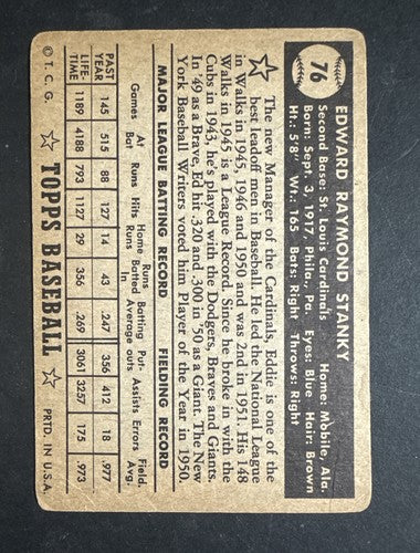 1952 Topps Eddie Stanky #76 Black Back St Louis Cardinals W /wear