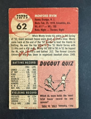 1953 Topps - Monte Irvin #62 Low Grade Original HOF New York Giants Baseball