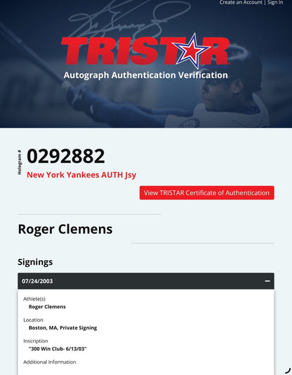 Roger Clemens #22 Signed Authentic Jersey 300 Win Club auto Yankees mlb tristar