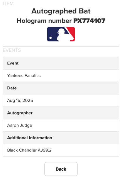 Aaron Judge Yankees Signed Chandler Game Model Bat Autograph MVP Fanatics & MLB