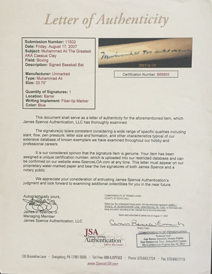 Muhammad Ali signed bat The greatest AKA Cassius Clay autograph JSA COA RARE