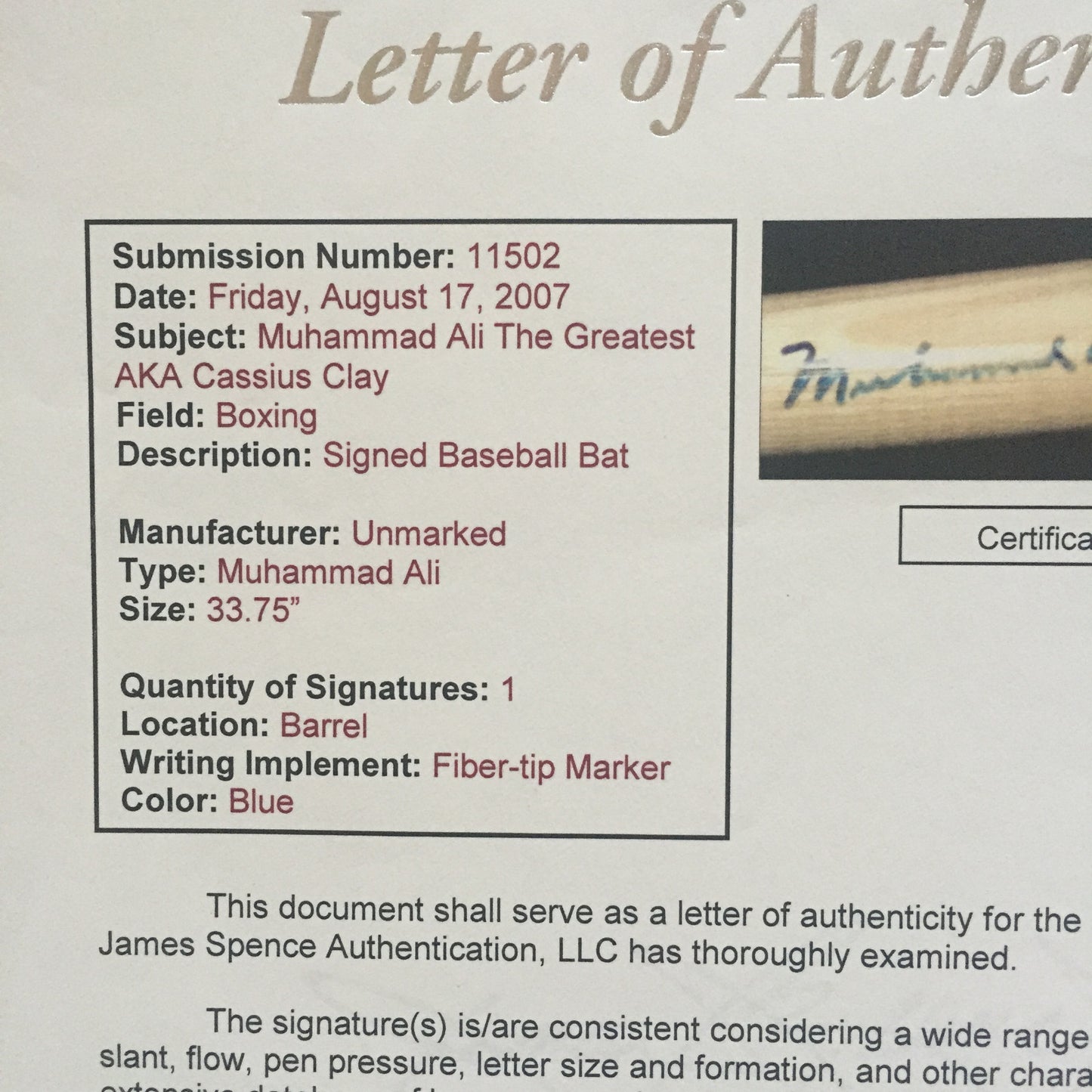 Muhammad Ali signed bat The greatest AKA Cassius Clay autograph JSA COA RARE