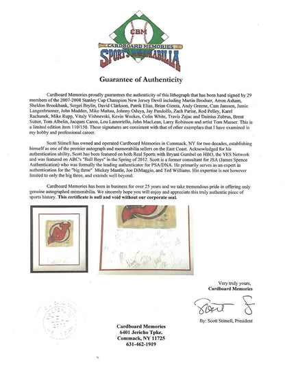 2007-08 NJ Devils team signed Stanley Cup litho 29 auto Martin Brodeur COA /150