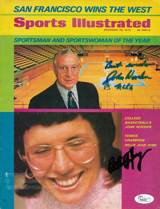 John Wooden UCLA Billy Jean King signed 1972 SI Cover 2 auto RARE JSA COA