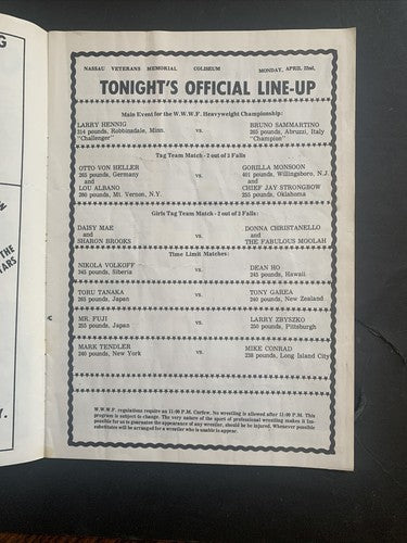 wwwf championship wrestling program 1974 Nassau Coliseum Bruno The Champion