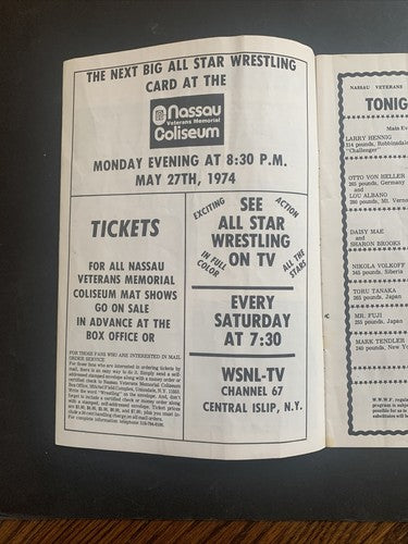 wwwf championship wrestling program 1974 Nassau Coliseum Bruno The Champion