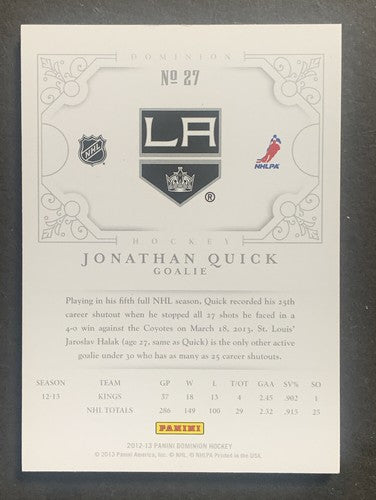 2012-13 Panini Dominion Emerald Jonathan Quick 3/5 Kings Goalie Nm Mint